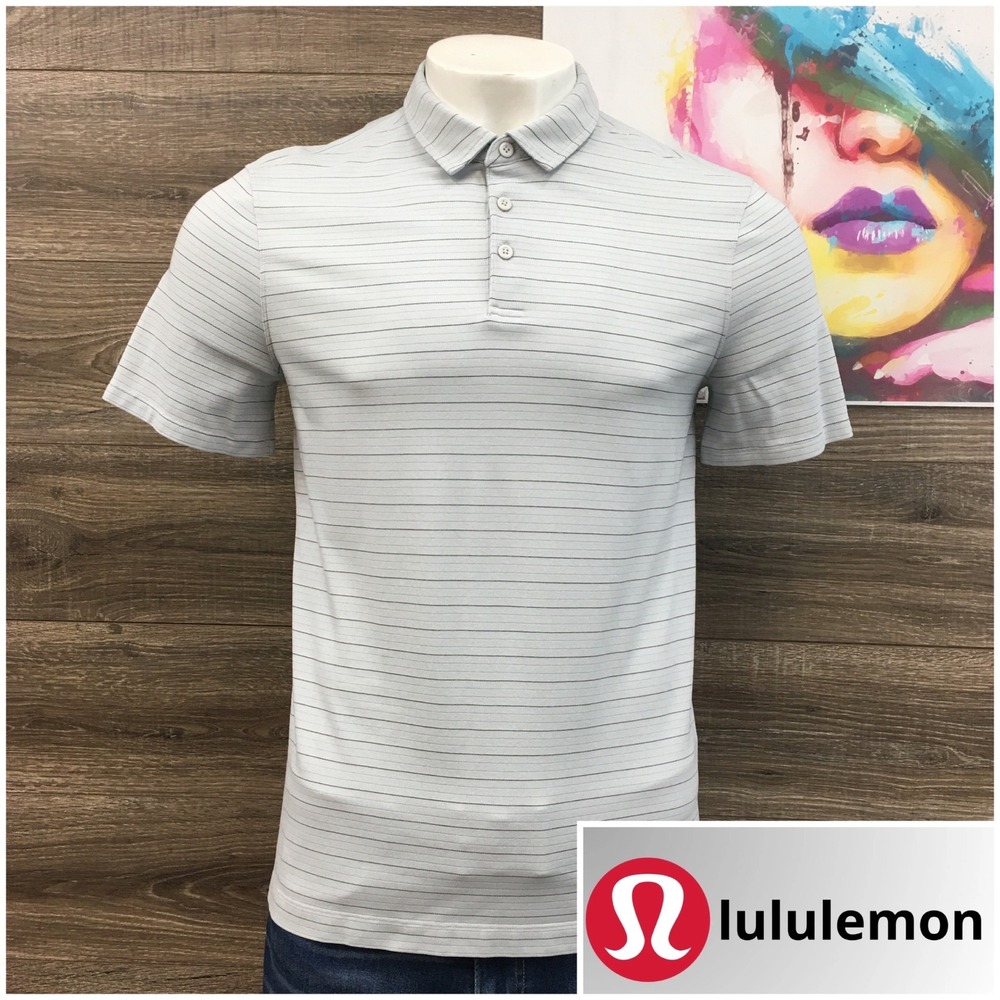 Lululemon Mens Medium Short Sleeve Polo Shirt Grey Striped Athletic Golf Top